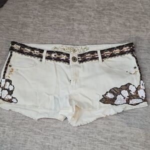 Express Women's Cream and Black Sequin Jean Shorts